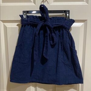 Navy Blue Smocked Bubble Mini Skirt with Tie Front